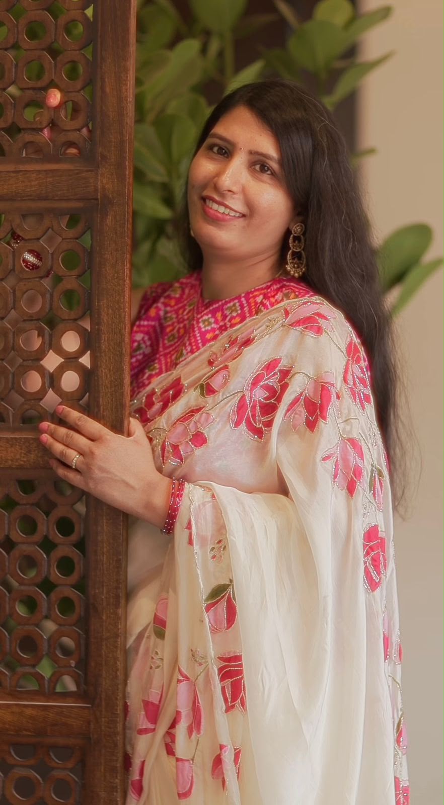 White Floral Pink Tabby Silk HandWork Saree