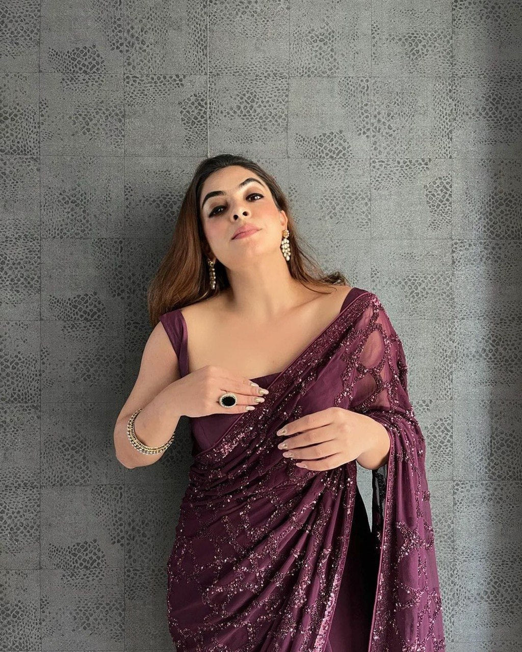 Wine Bling Sequins Luxury Feel Saree
