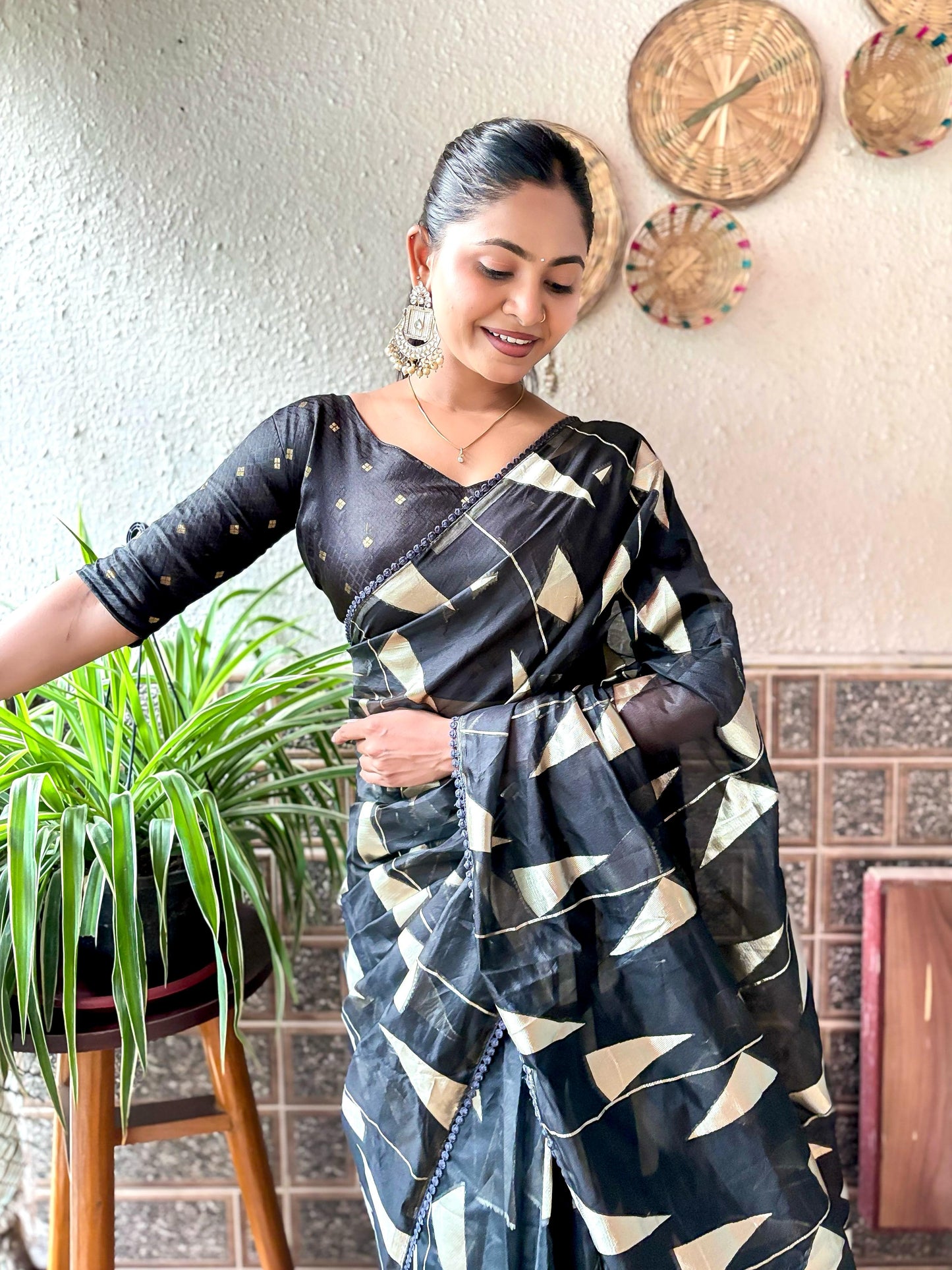 Pure Soft Organza Black Triangle Pattern Saree