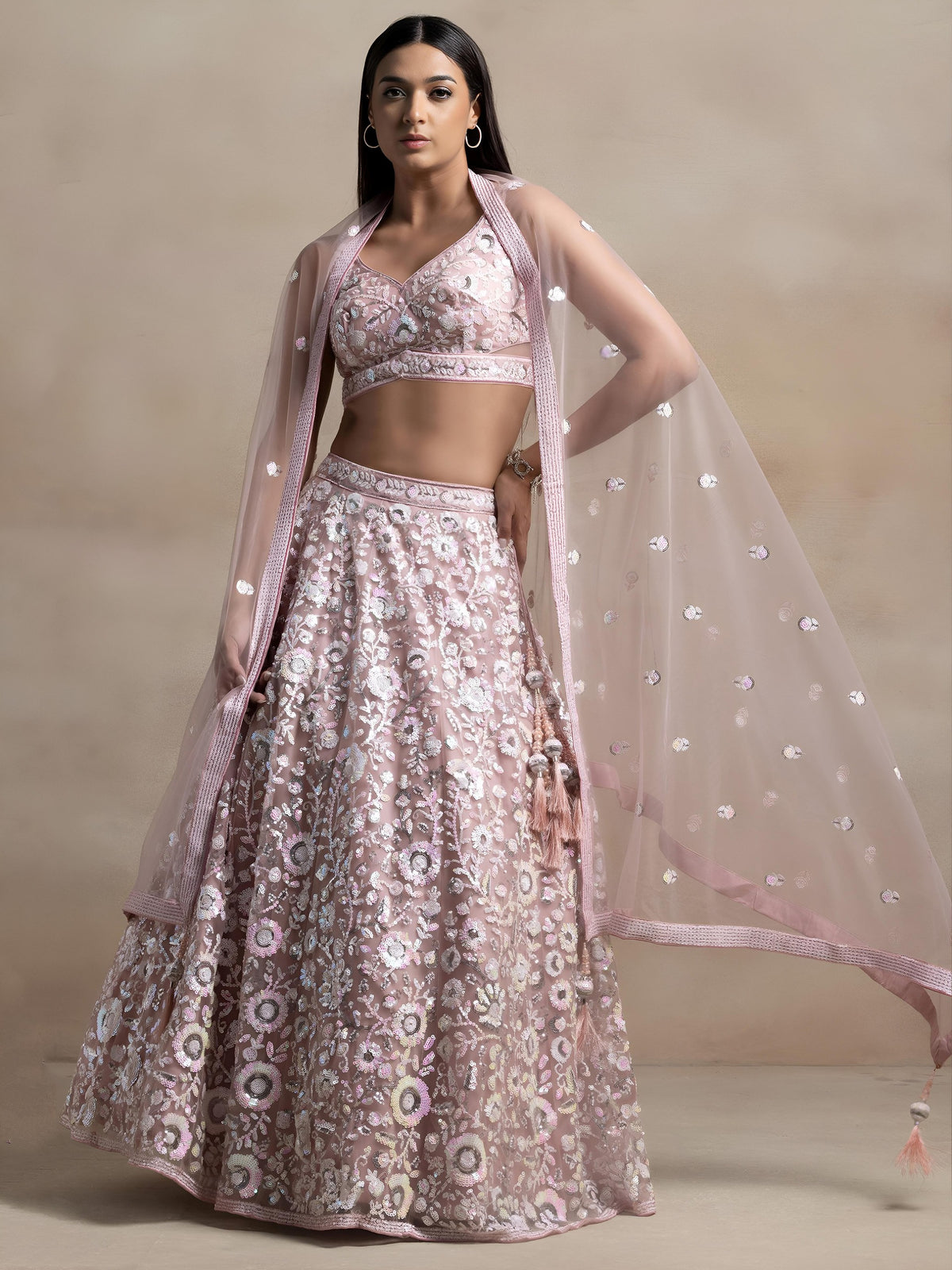 Soft Pink Floral Sequins Embroidered Lehenga Choli