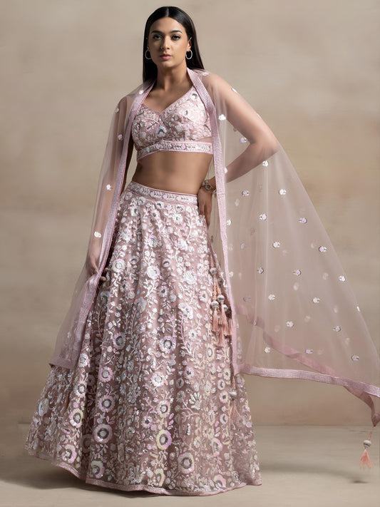 Soft Pink Floral Sequins Embroidered Lehenga Choli