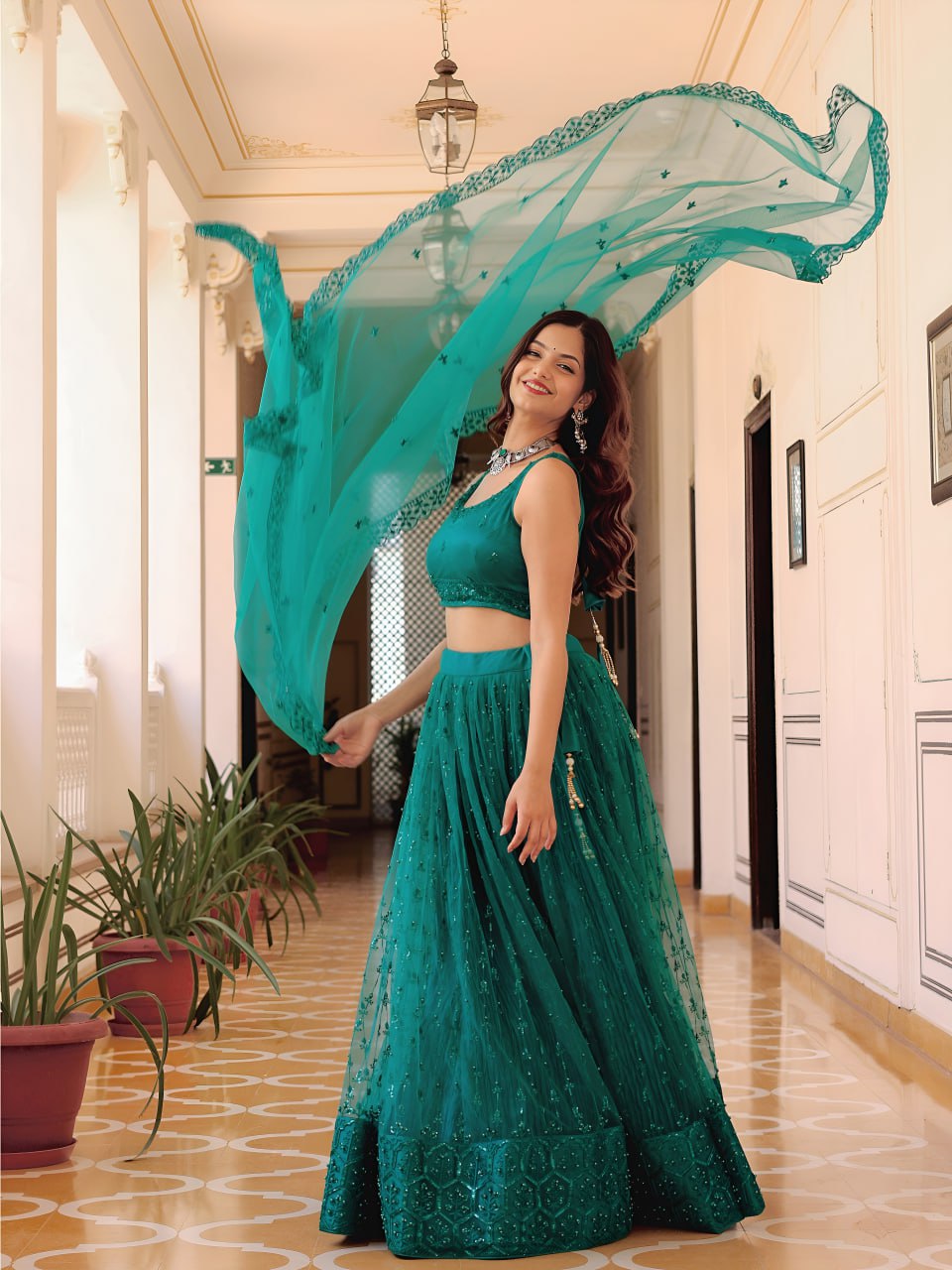 Teal Premium Soft Net Inricate Work Lehanga