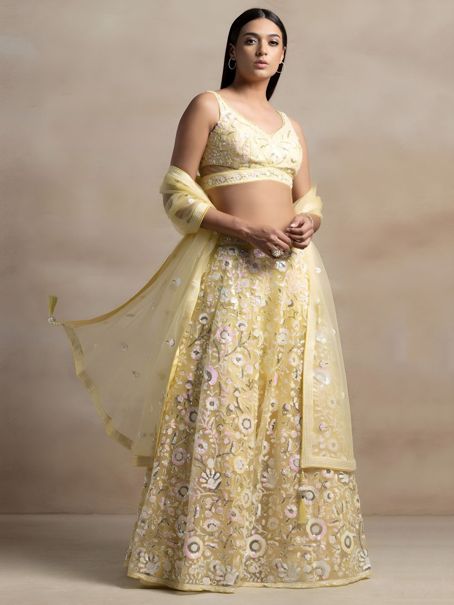 Pastel Yellow Floral Sequins Embroidered Lehenga Choli