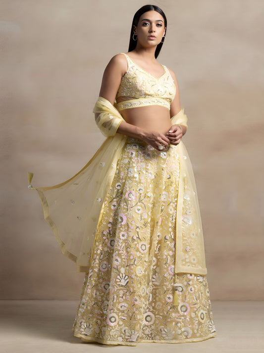 Pastel Yellow Floral Sequins Embroidered Lehenga Choli