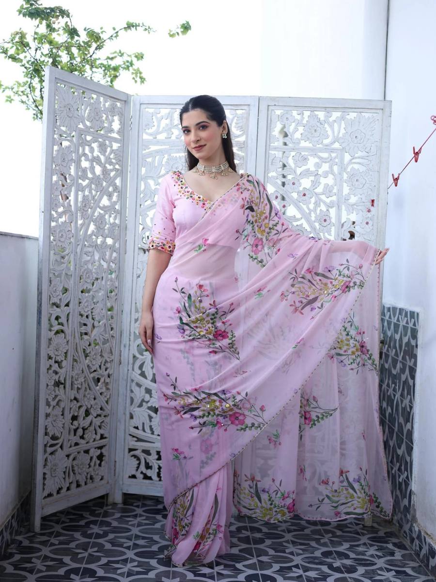 RICH CELEBRITY STYLE HANDWORK FLORAL ORGANZA SAREE