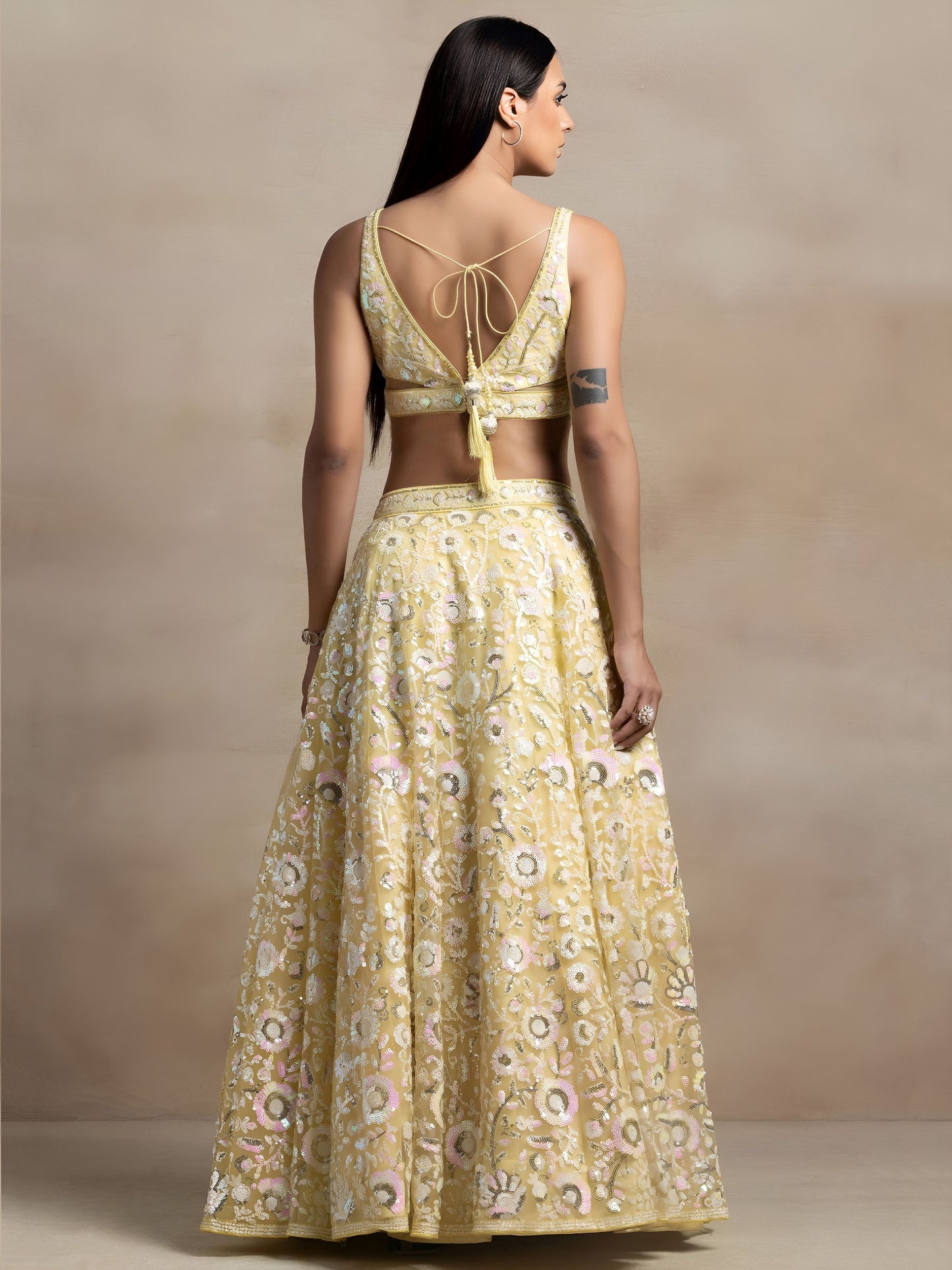 Pastel Yellow Floral Sequins Embroidered Lehenga Choli