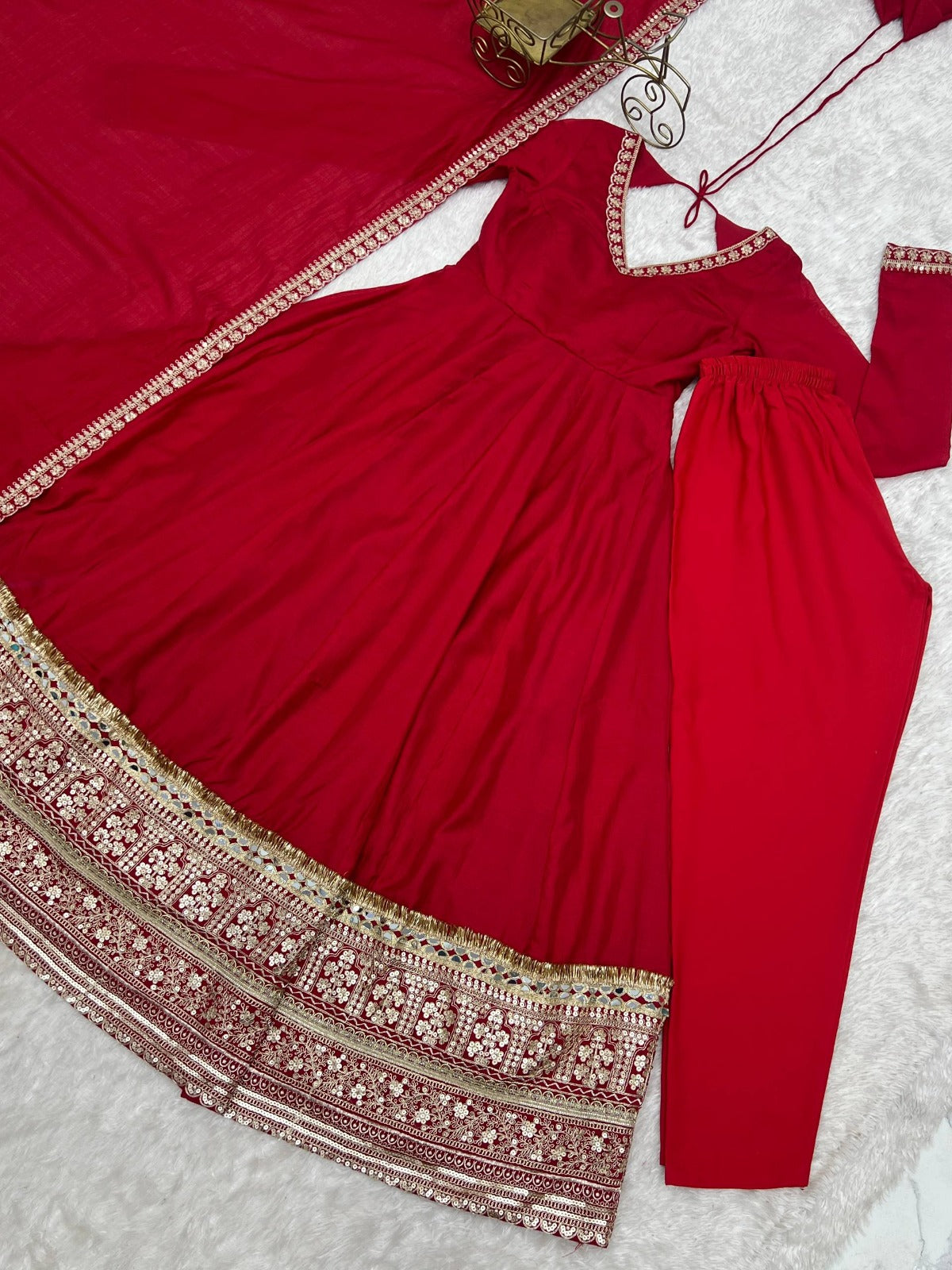 Pure Blooming Vichitra Silk Embroidered Anarkali Gown with Dupatta & Pant Set