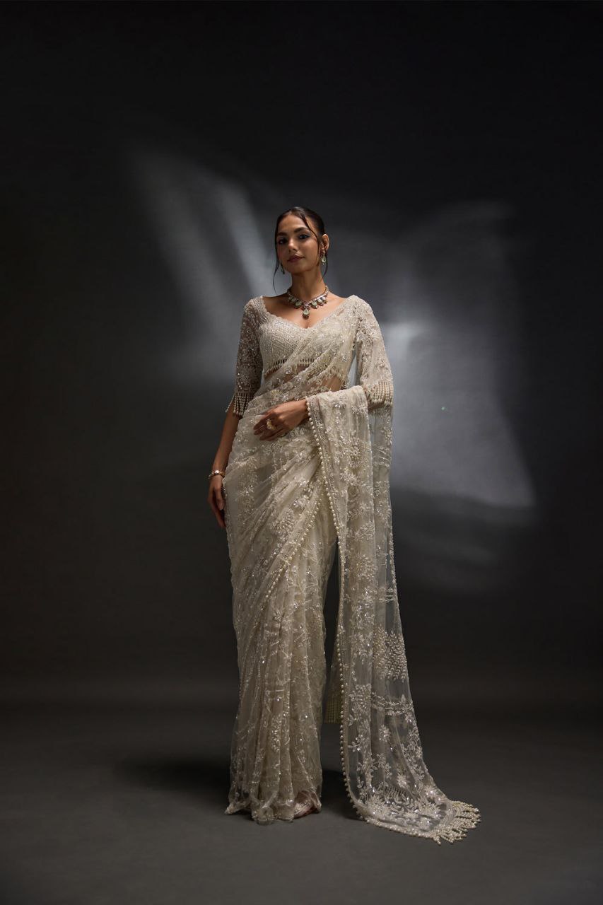 Beautiful Summertime Pearl Sequins Work White Saree