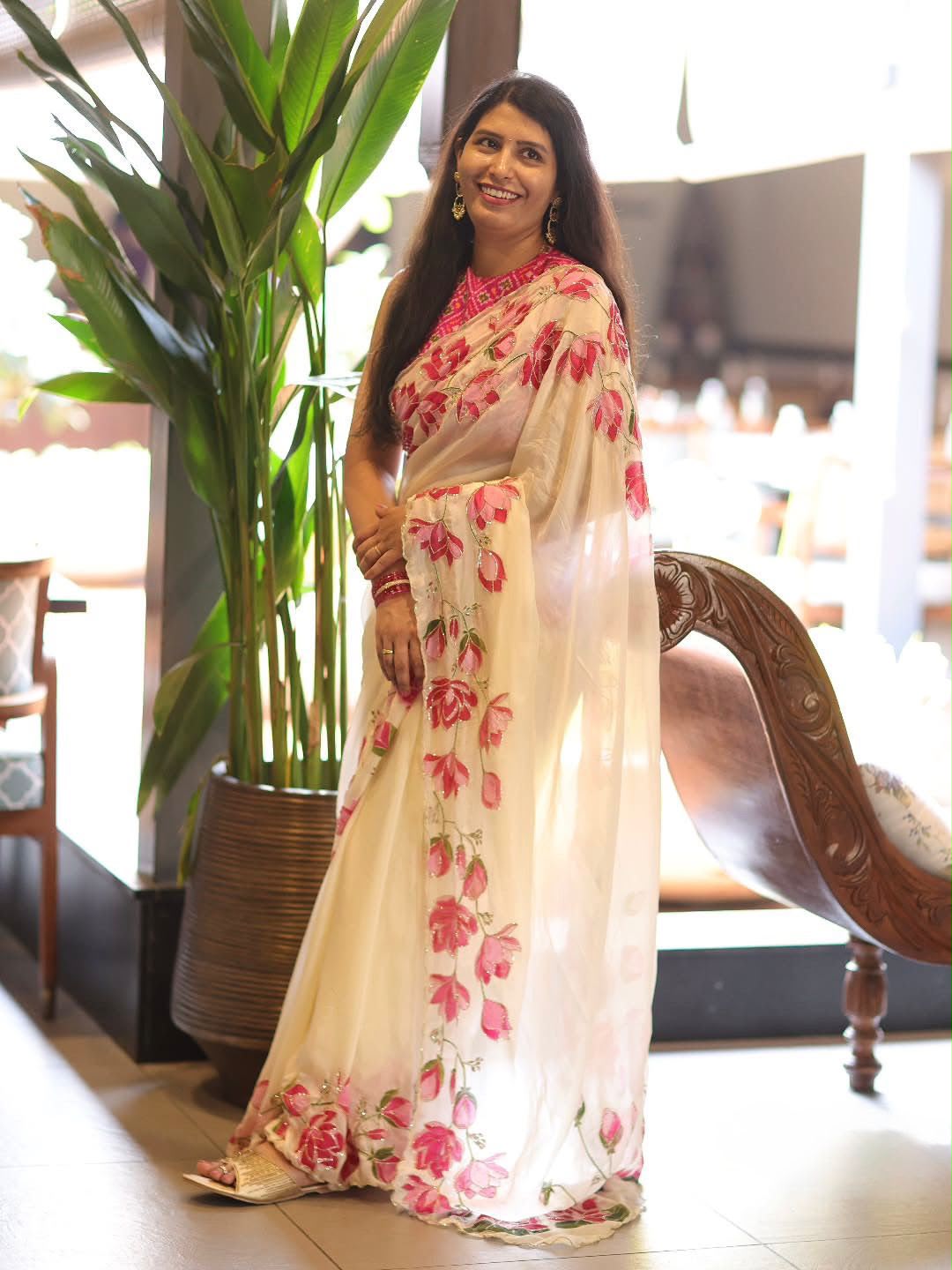 White Floral Pink Tabby Silk HandWork Saree