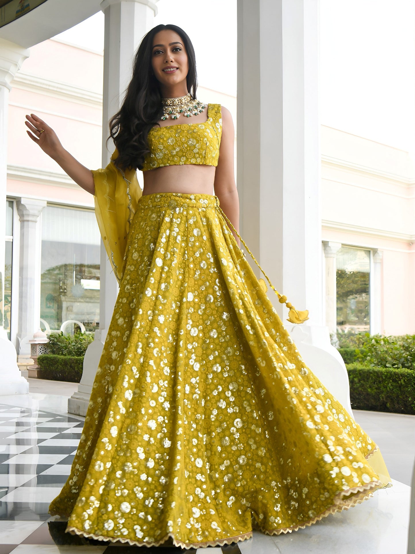 Olive Gold Floral Sparkle Lehenga