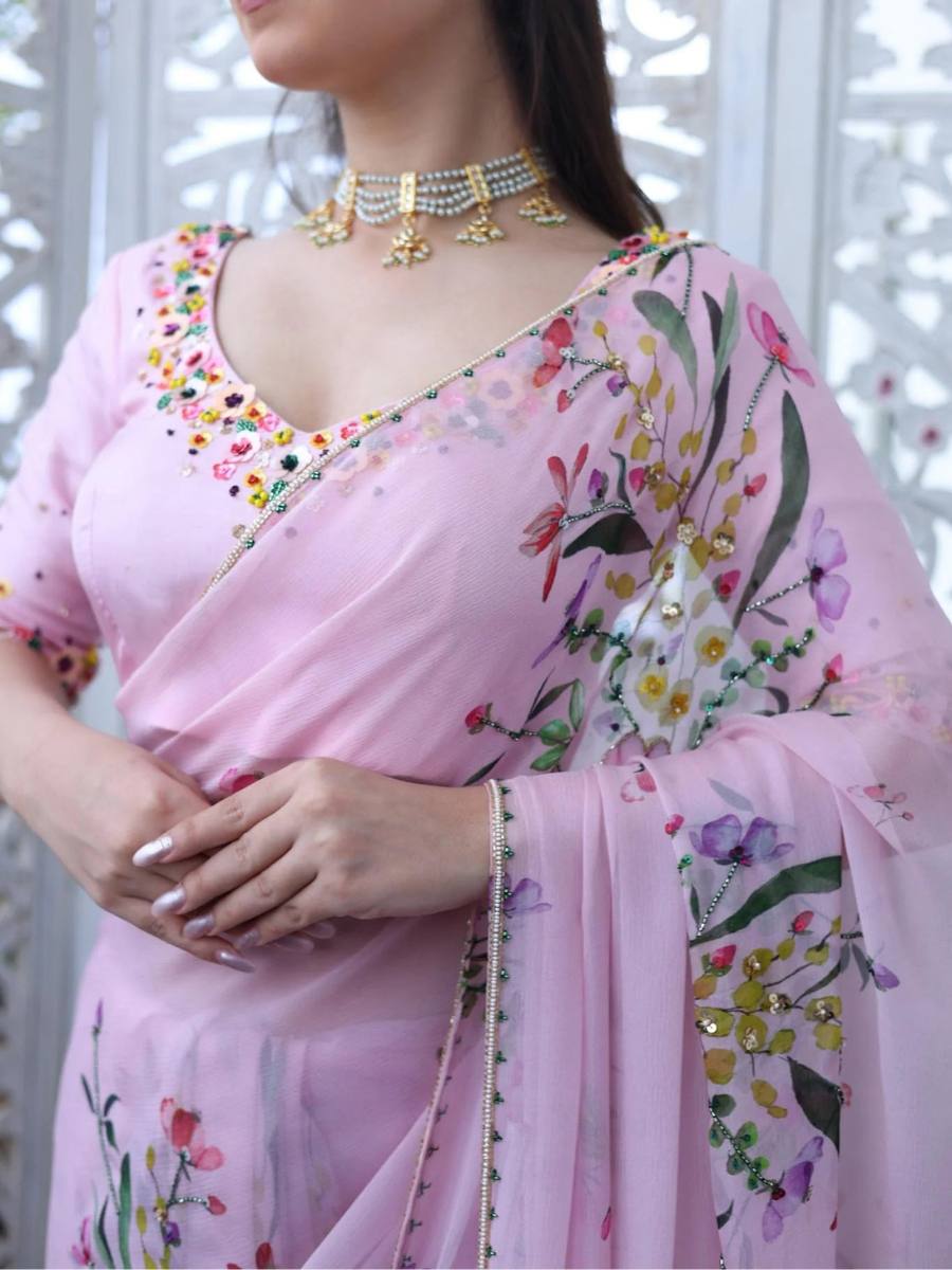 RICH CELEBRITY STYLE HANDWORK FLORAL ORGANZA SAREE