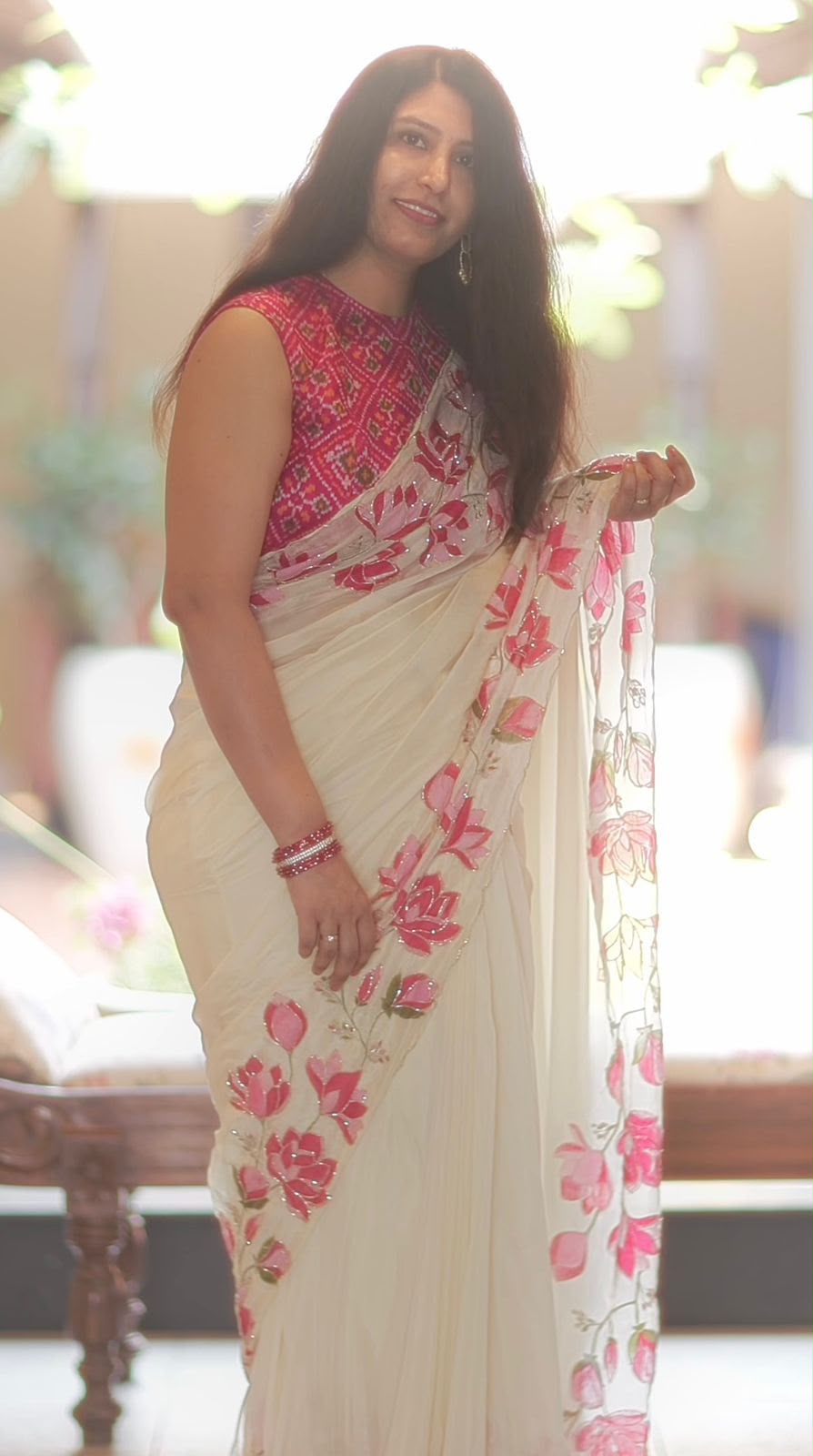 White Floral Pink Tabby Silk HandWork Saree