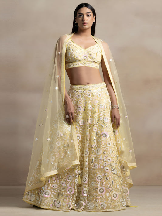 Pastel Yellow Floral Sequins Embroidered Lehenga Choli