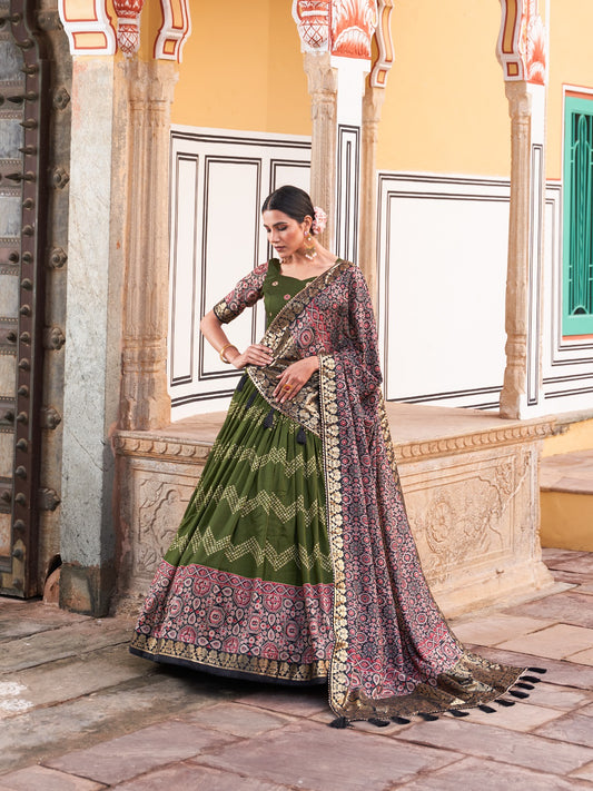 Ajarkh Print Tussar Silk Lehanga