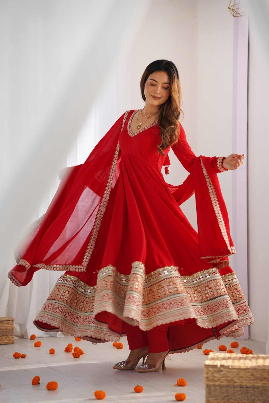 Pure Blooming Vichitra Silk Embroidered Anarkali Gown with Dupatta & Pant Set