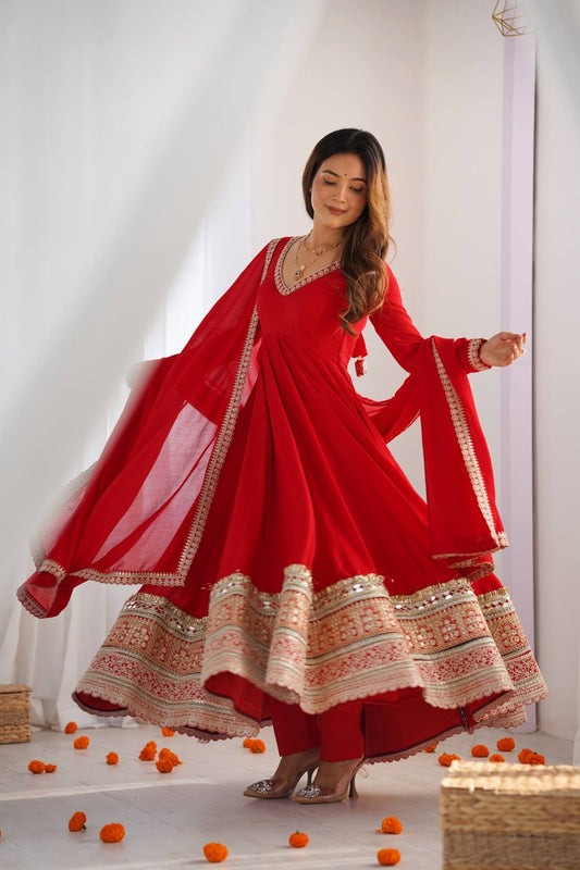 Pure Blooming Vichitra Silk Embroidered Anarkali Gown with Dupatta & Pant Set
