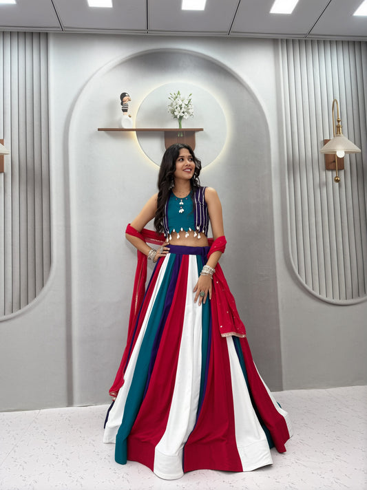Multi-Color Striped Handwork Cotton Lehenga Choli Set