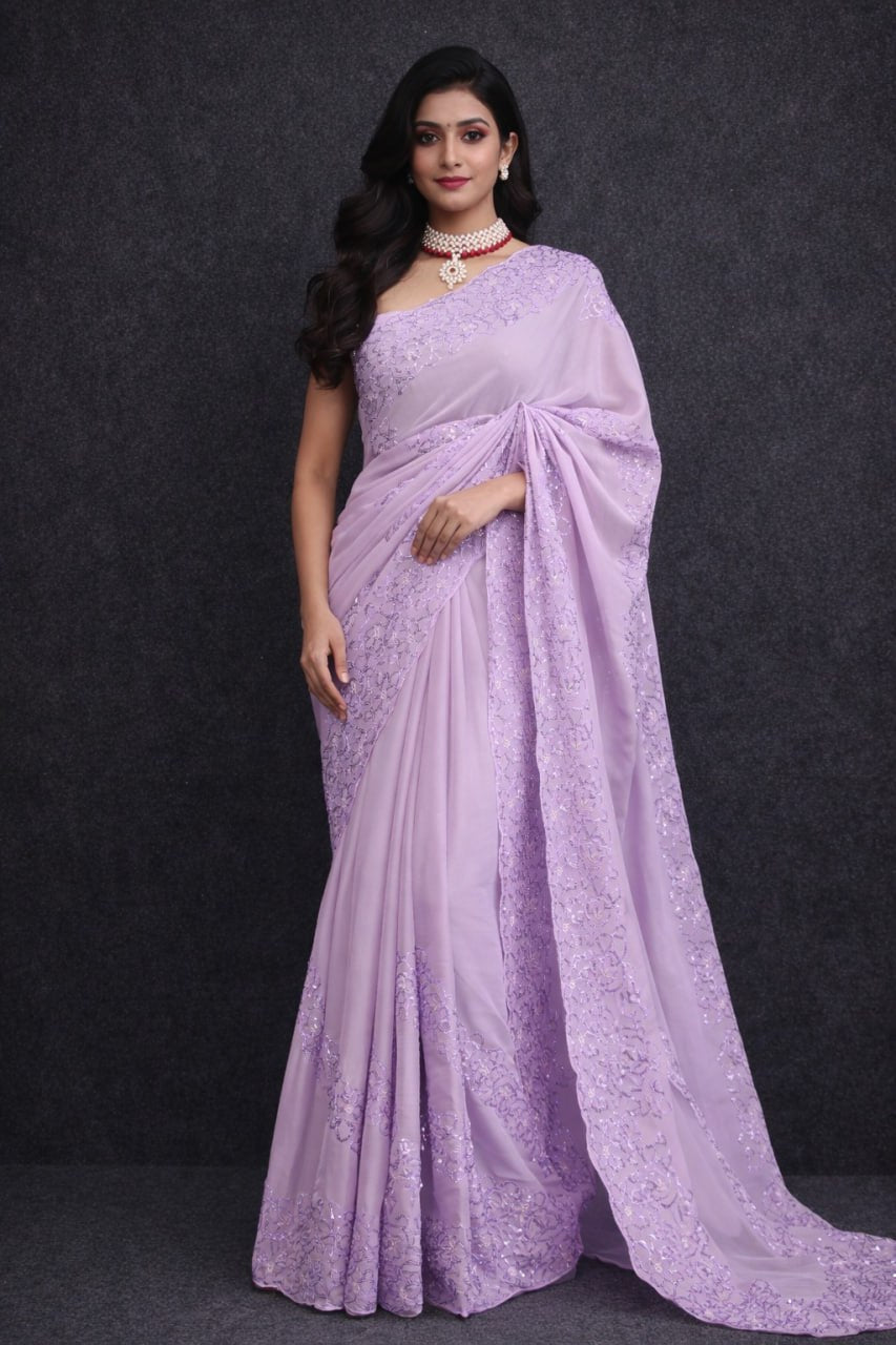 Lilac Stylish Organza Silk Bling Saree