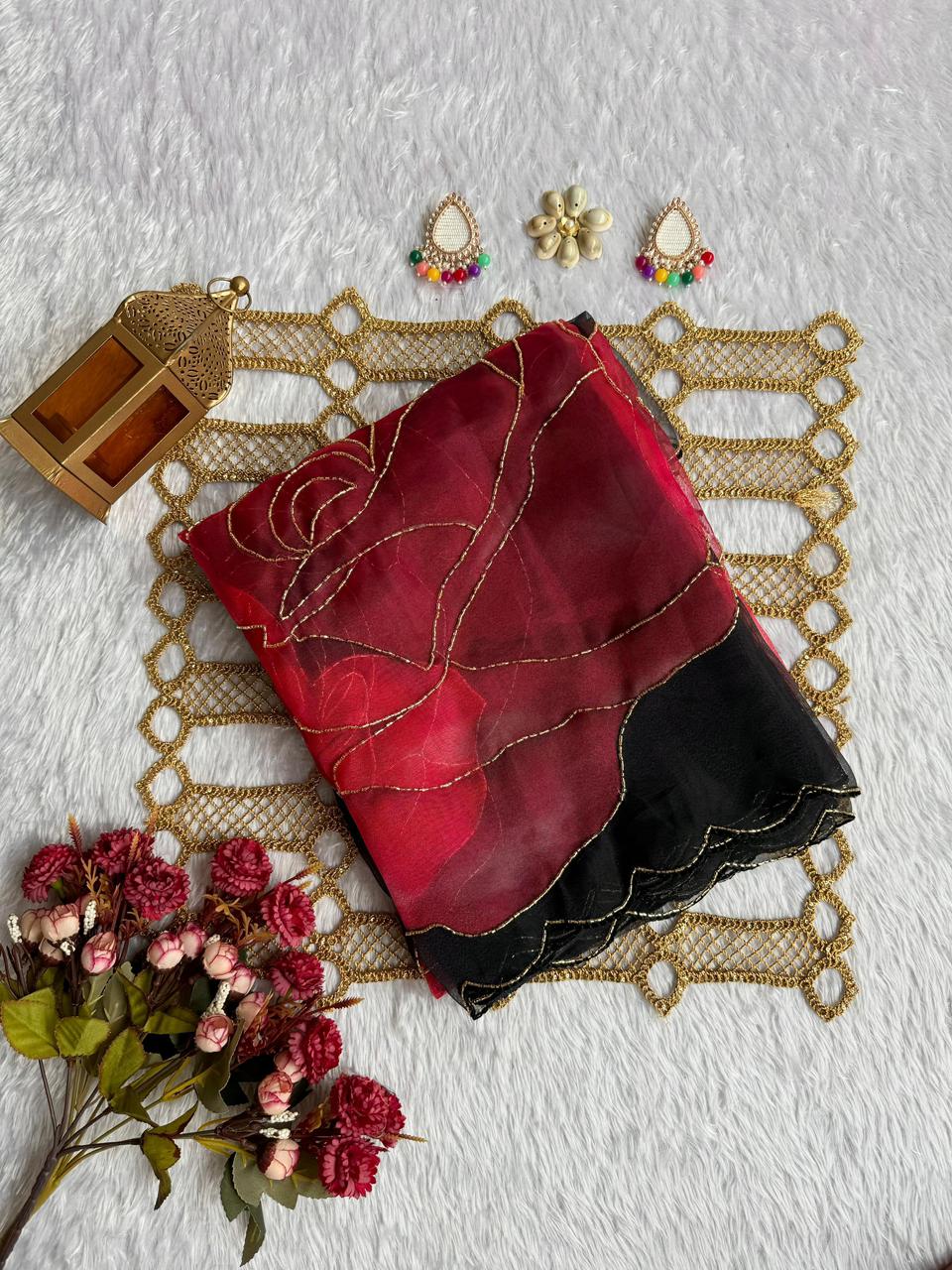 RED BLACK BEAUTIFUL PURE ORGANZA SAREE