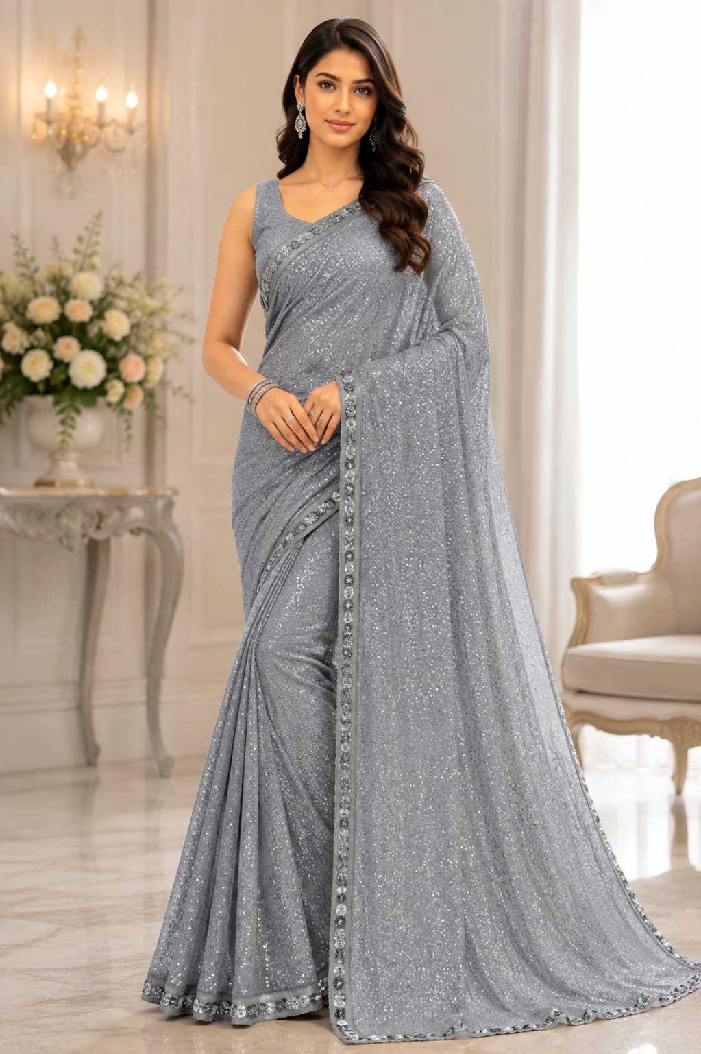 Luminary Éclat: Special Edition Khichdi Micro-Sequin Faux Georgette Saree Ensemble