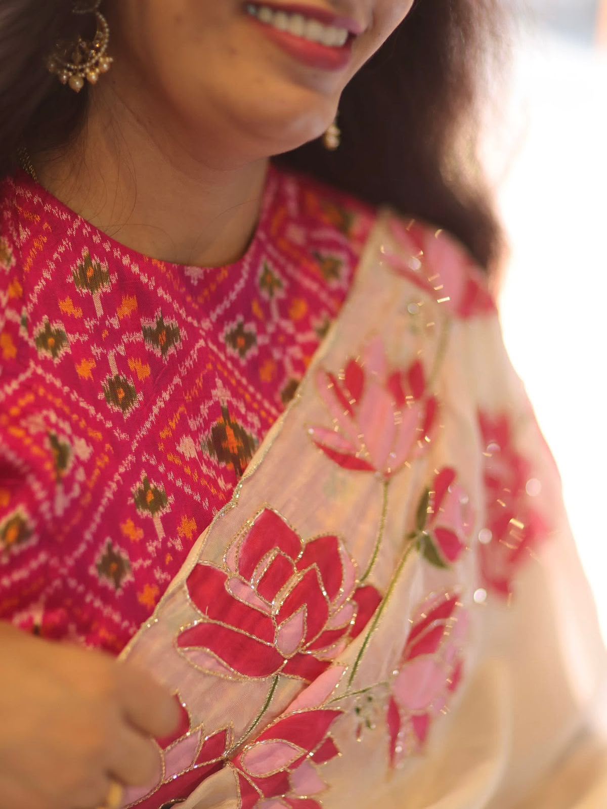 White Floral Pink Tabby Silk HandWork Saree