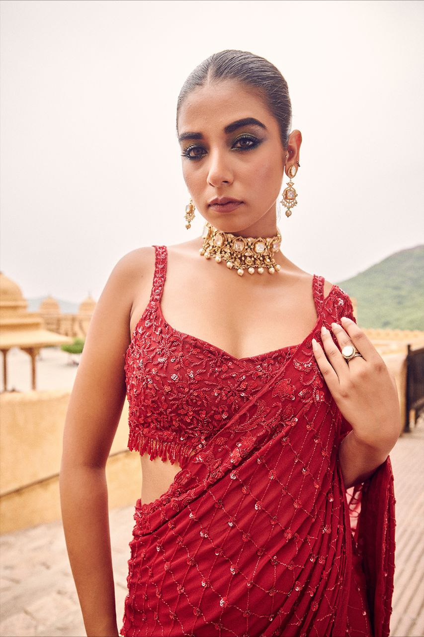 Red Hot Bling Bollywood BlockBuster Sequins Party Saree