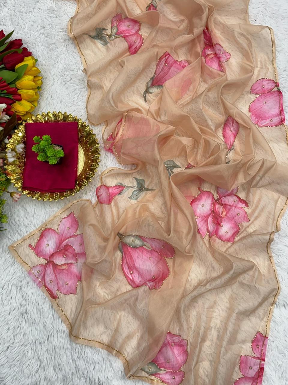 Graceful Handworked Floral Organza Saree