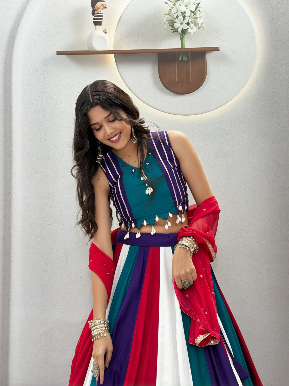 Multi-Color Striped Handwork Cotton Lehenga Choli Set