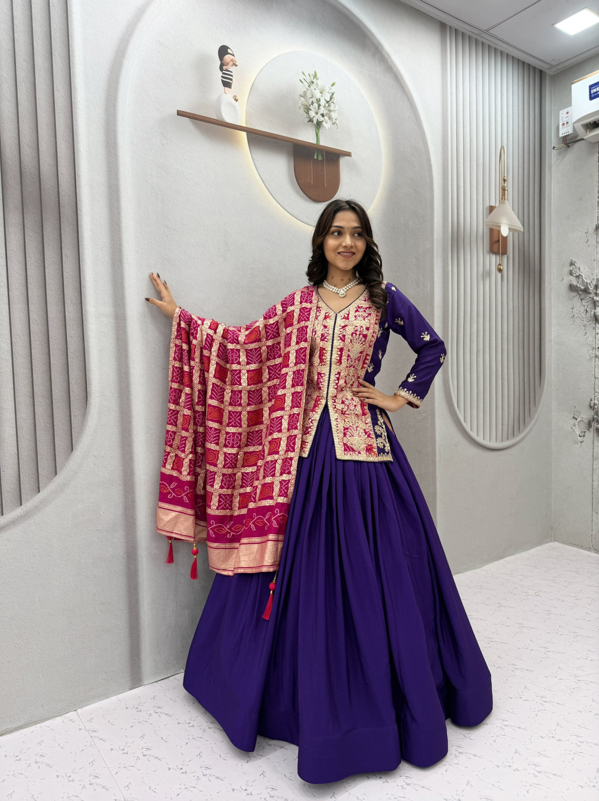Pure Chinon Silk Bandhani Lehenga Set