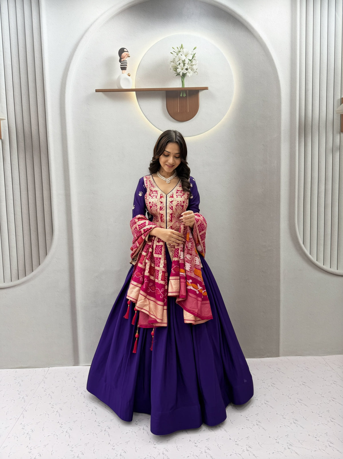 Pure Chinon Silk Bandhani Lehenga Set