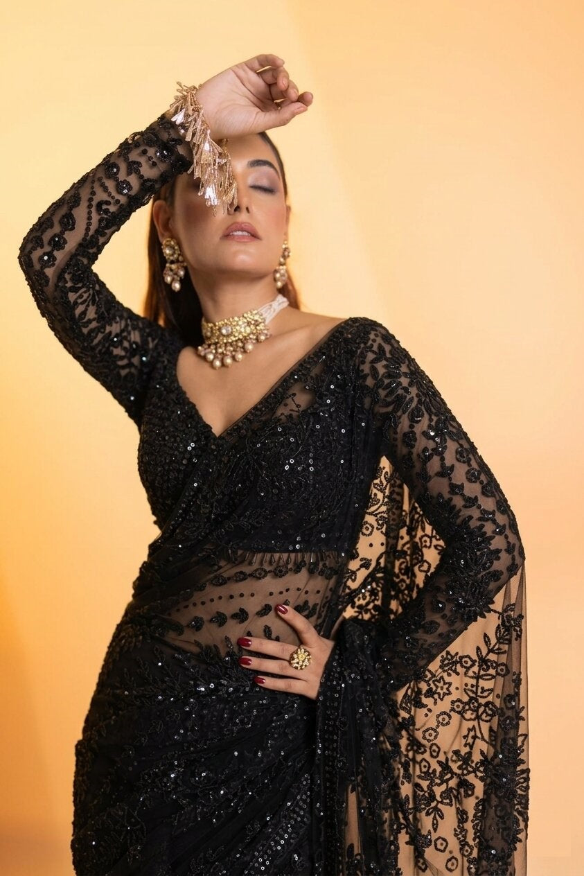 BLACK LOVERS BLING NET SEQUINS SAREE
