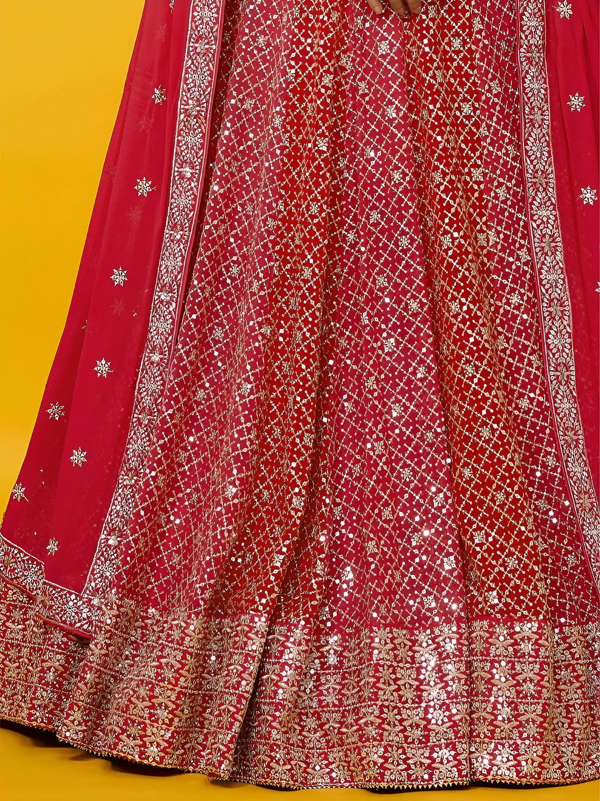 Rich Crimson Red Shine Cast Lehanga