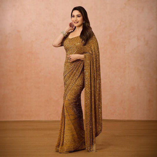 Dark Gold Sequins Madhuri Dixit Inspired Style Saree