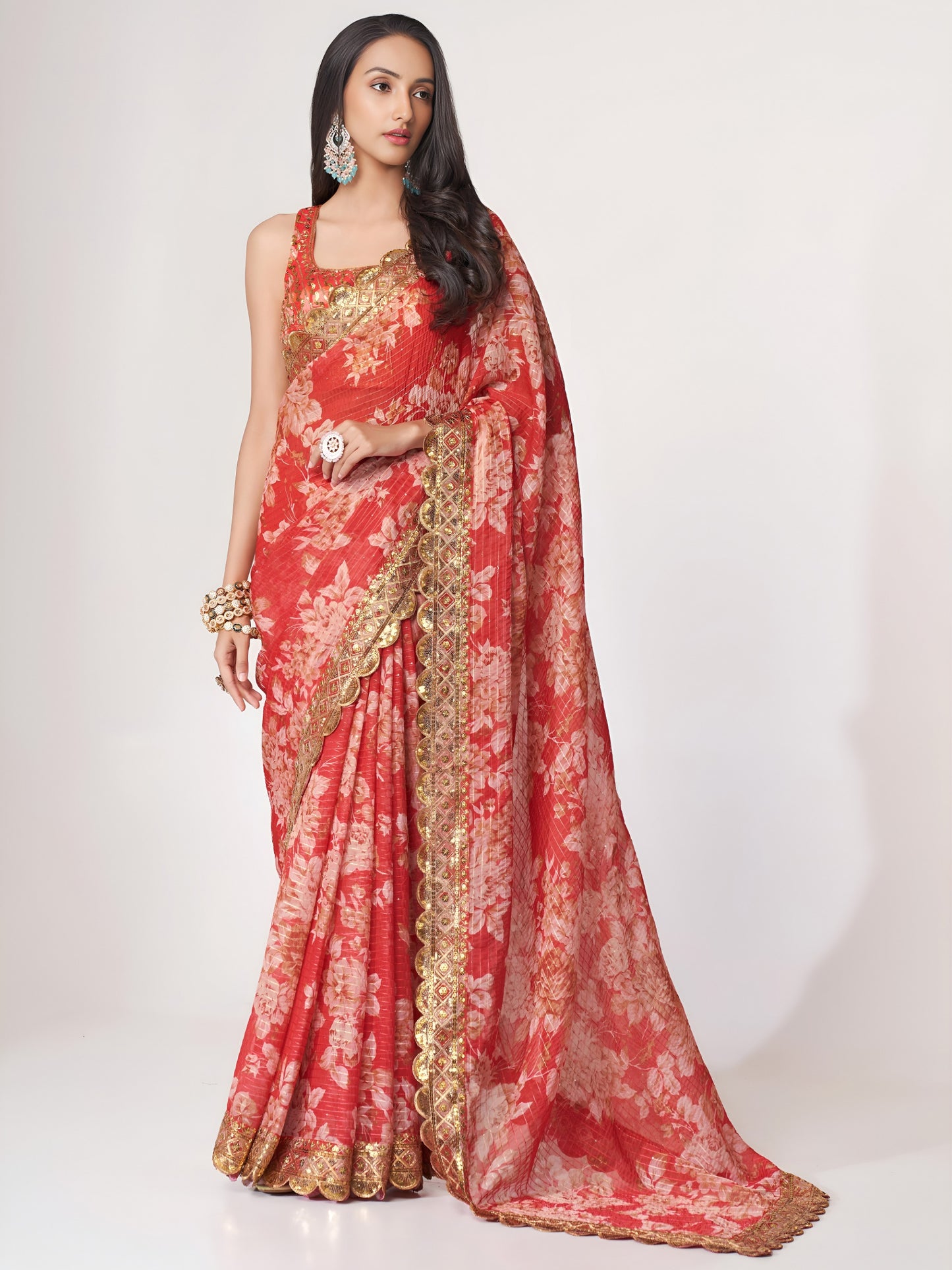 Coral Red Floral Royal Saree
