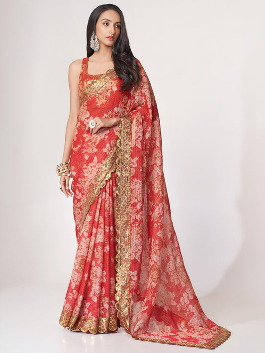 Coral Red Floral Royal Saree
