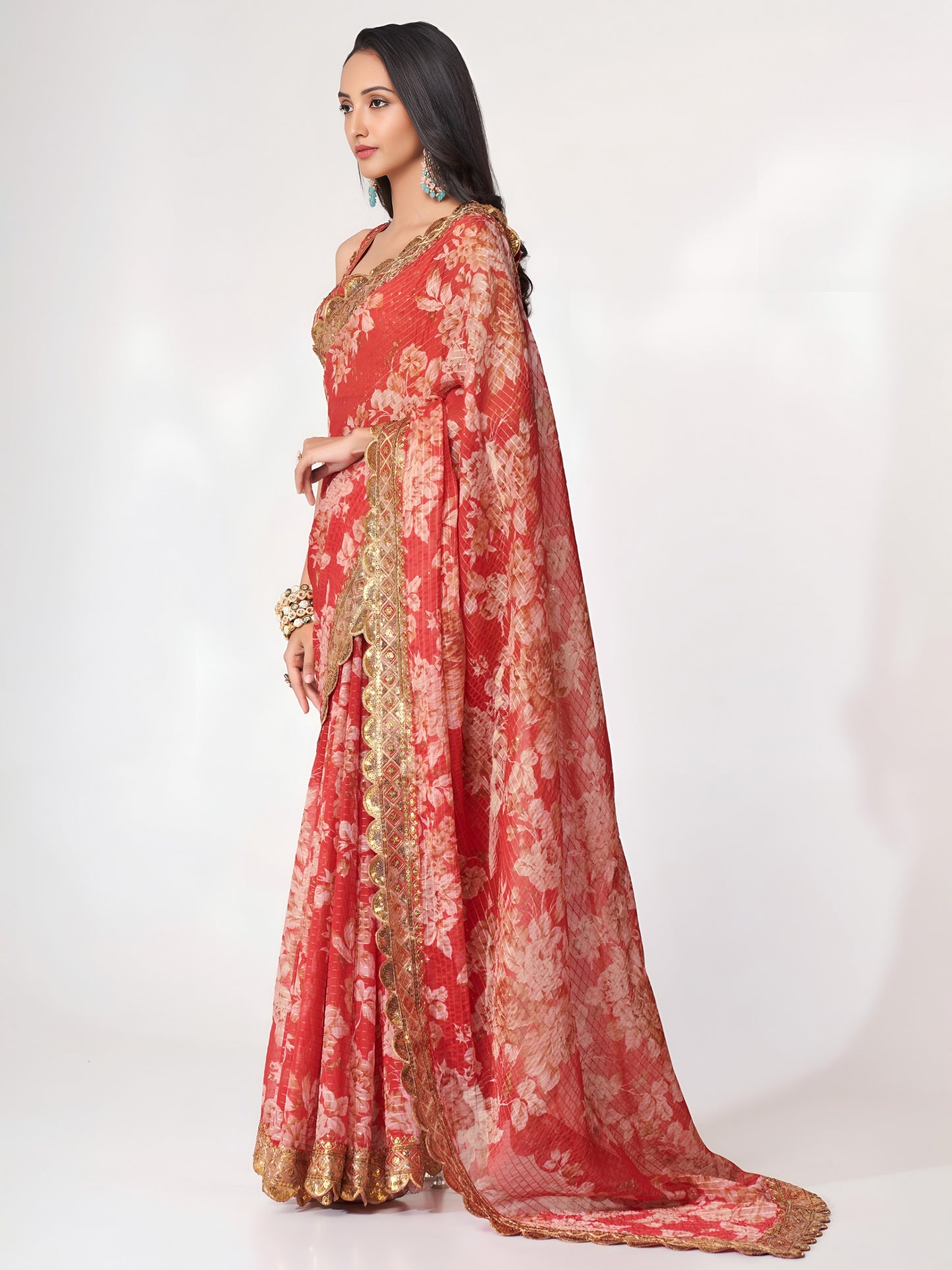 Coral Red Floral Royal Saree