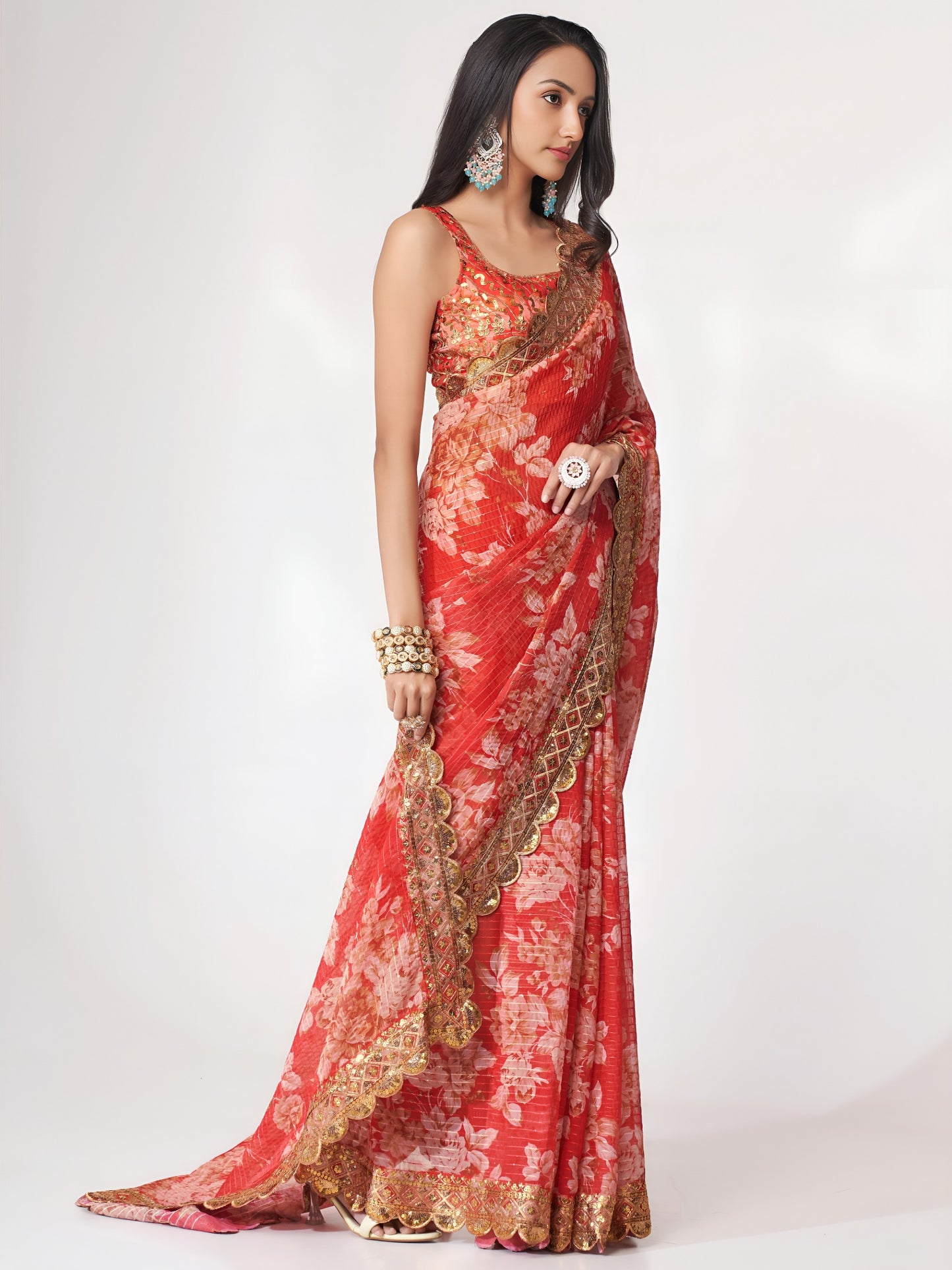 Coral Red Floral Royal Saree