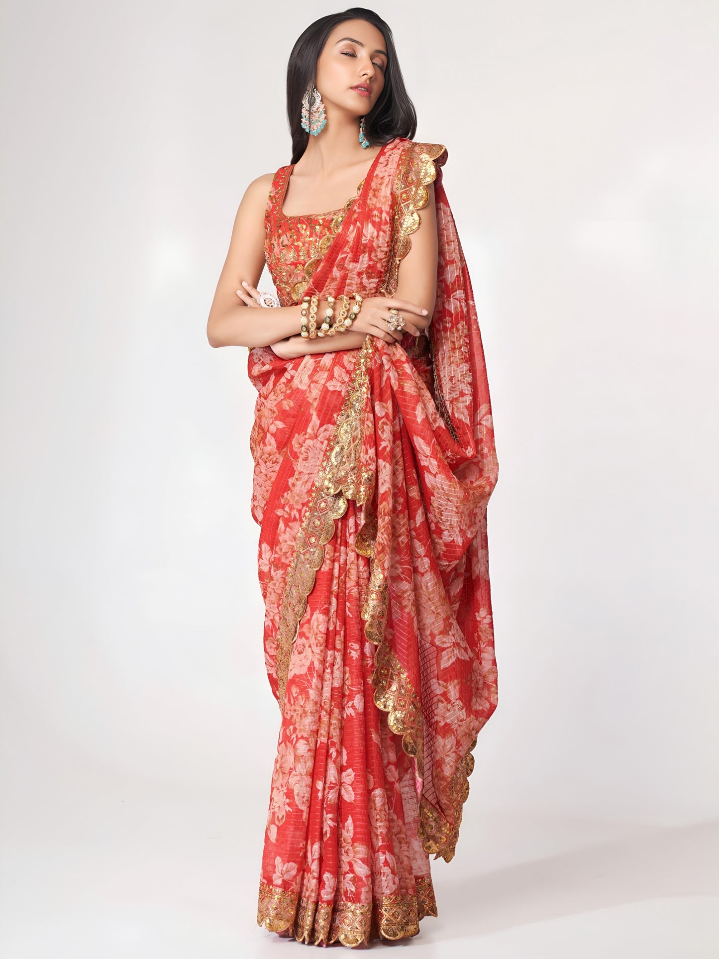 Coral Red Floral Royal Saree