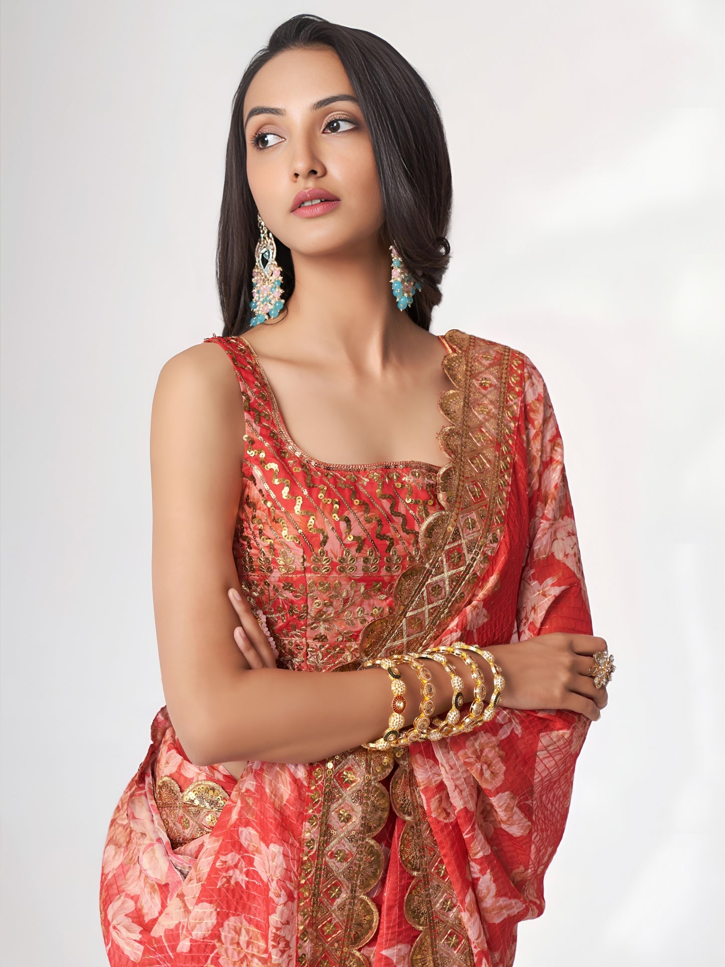 Coral Red Floral Royal Saree