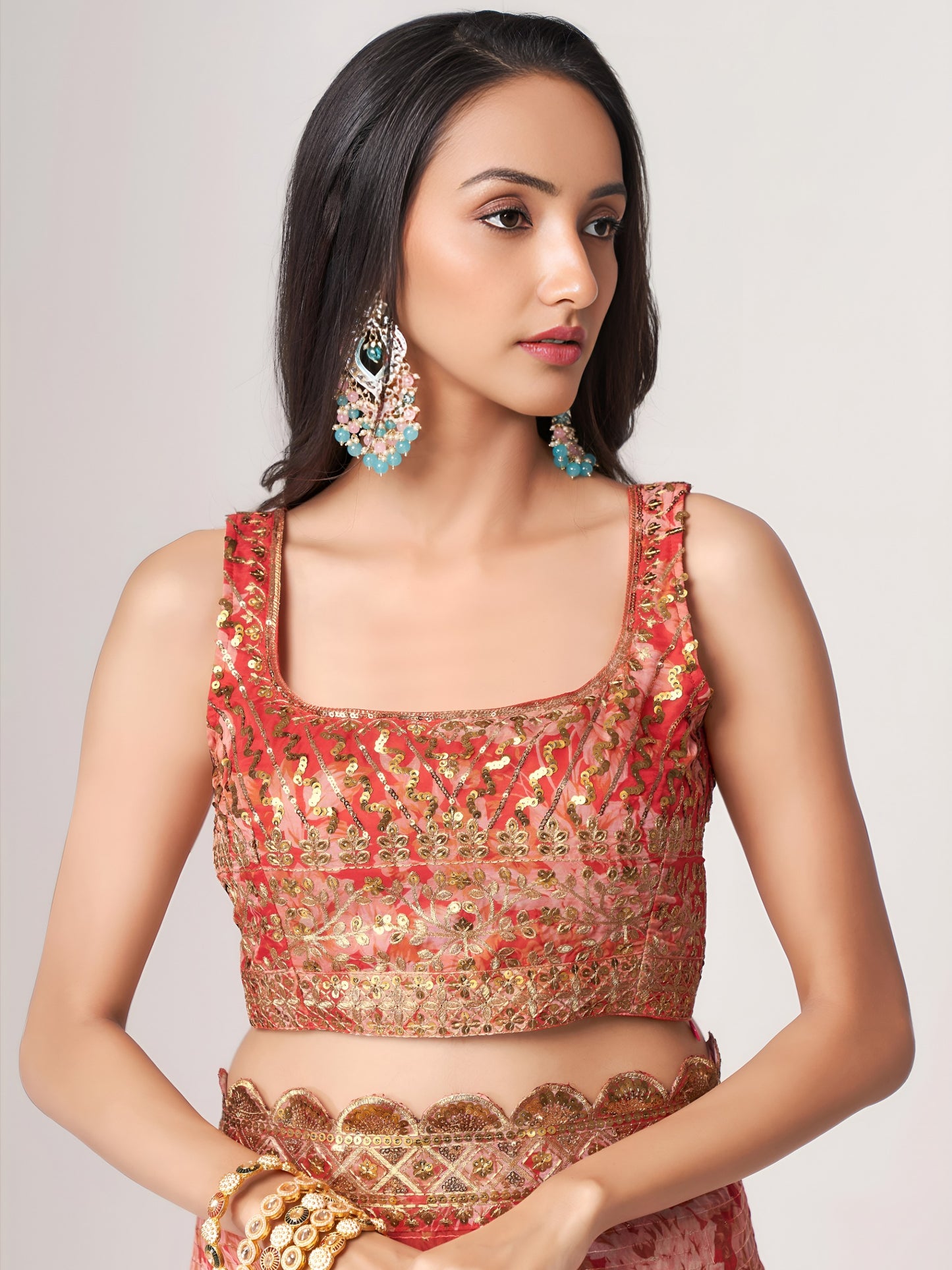 Coral Red Floral Royal Saree