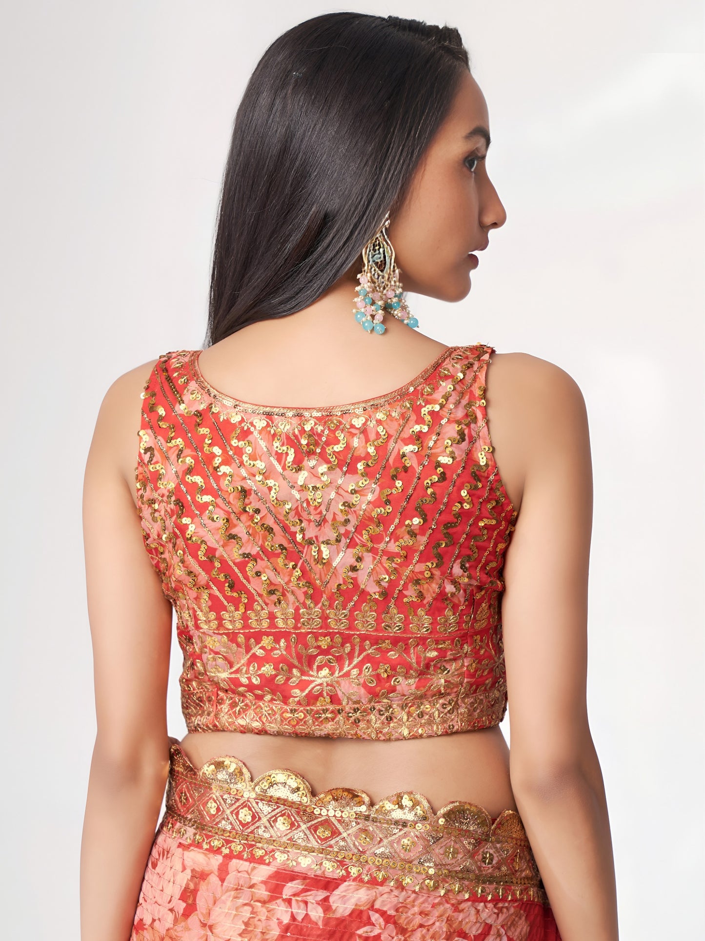 Coral Red Floral Royal Saree