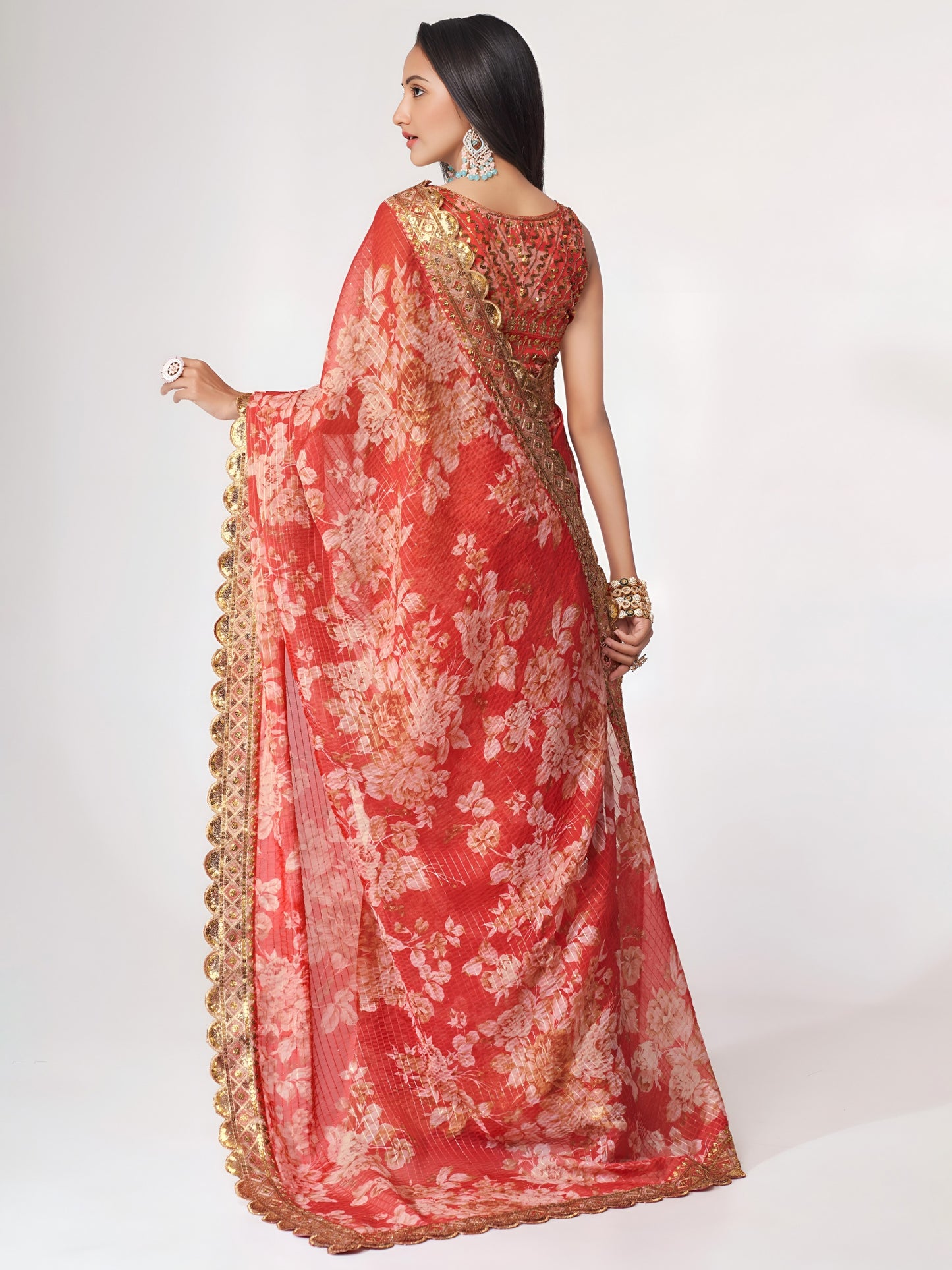 Coral Red Floral Royal Saree