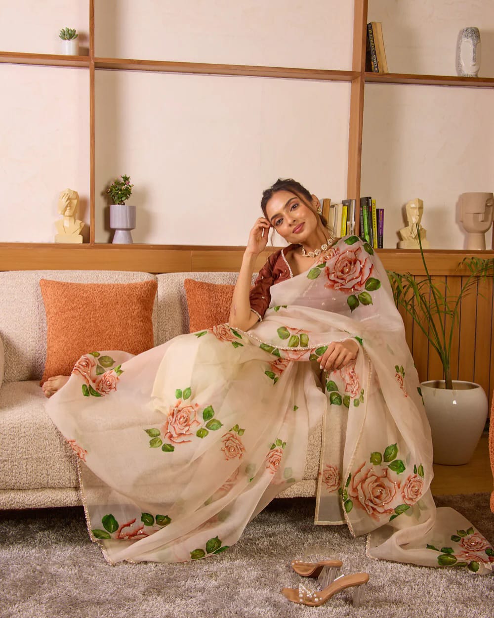 Premium Organza Floral Silk Pearl Work Saree