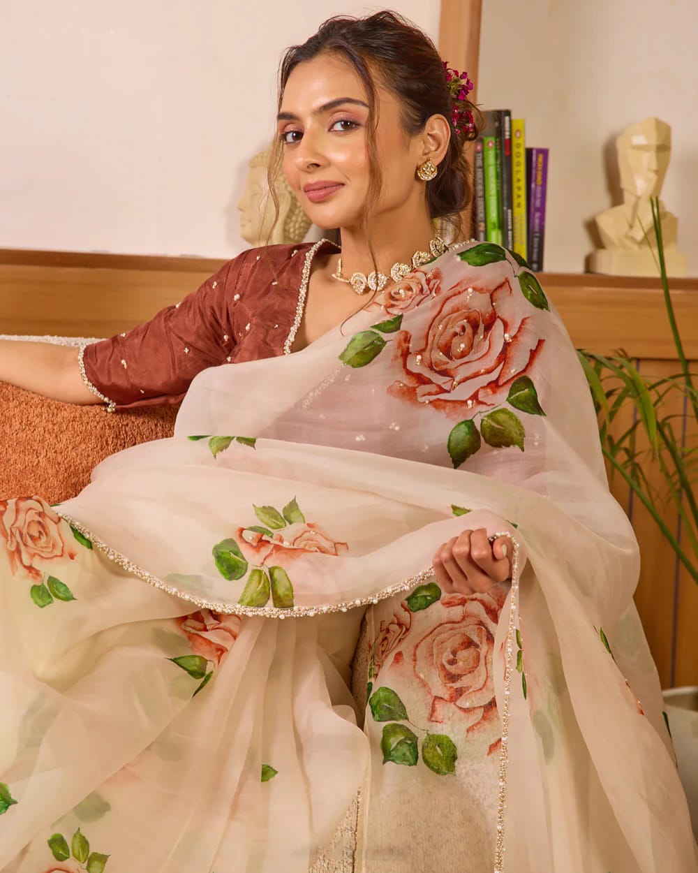 Premium Organza Floral Silk Pearl Work Saree
