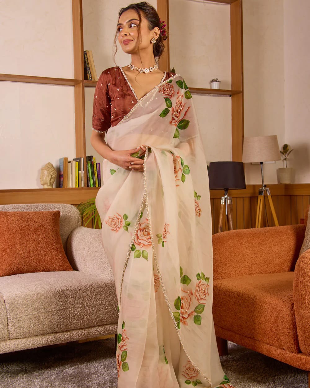 Premium Organza Floral Silk Pearl Work Saree