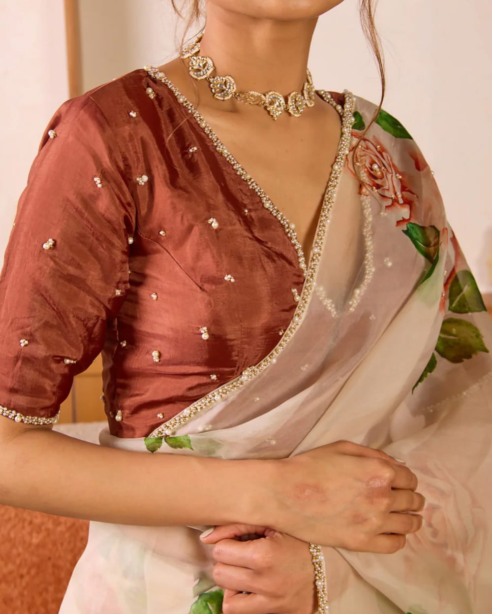 Premium Organza Floral Silk Pearl Work Saree