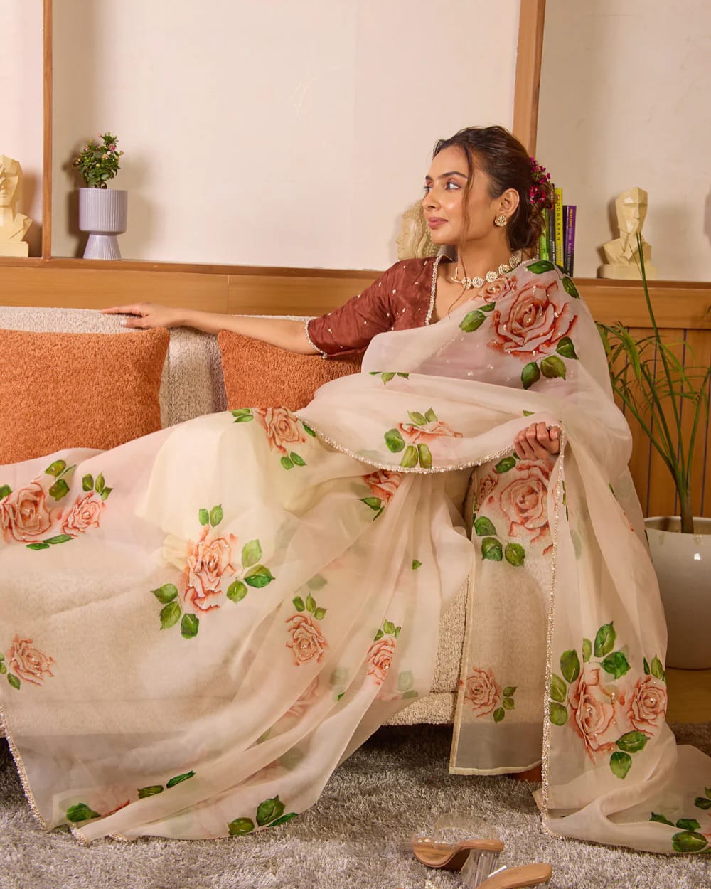 Premium Organza Floral Silk Pearl Work Saree