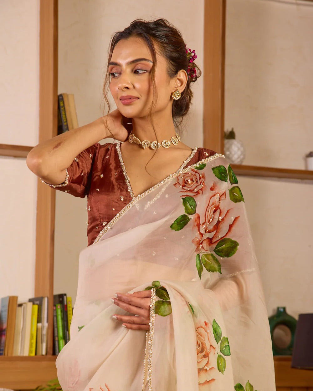 Premium Organza Floral Silk Pearl Work Saree
