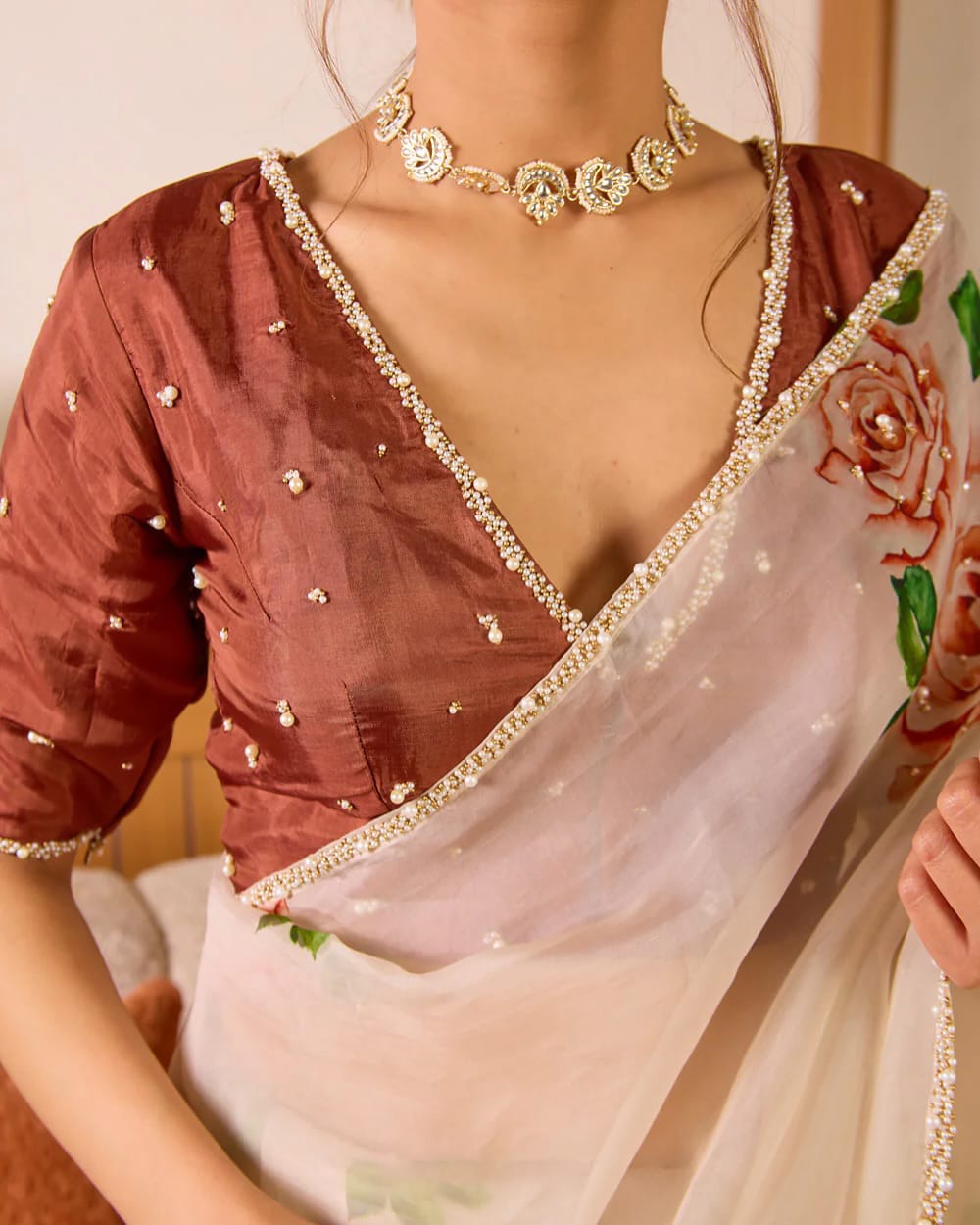 Premium Organza Floral Silk Pearl Work Saree