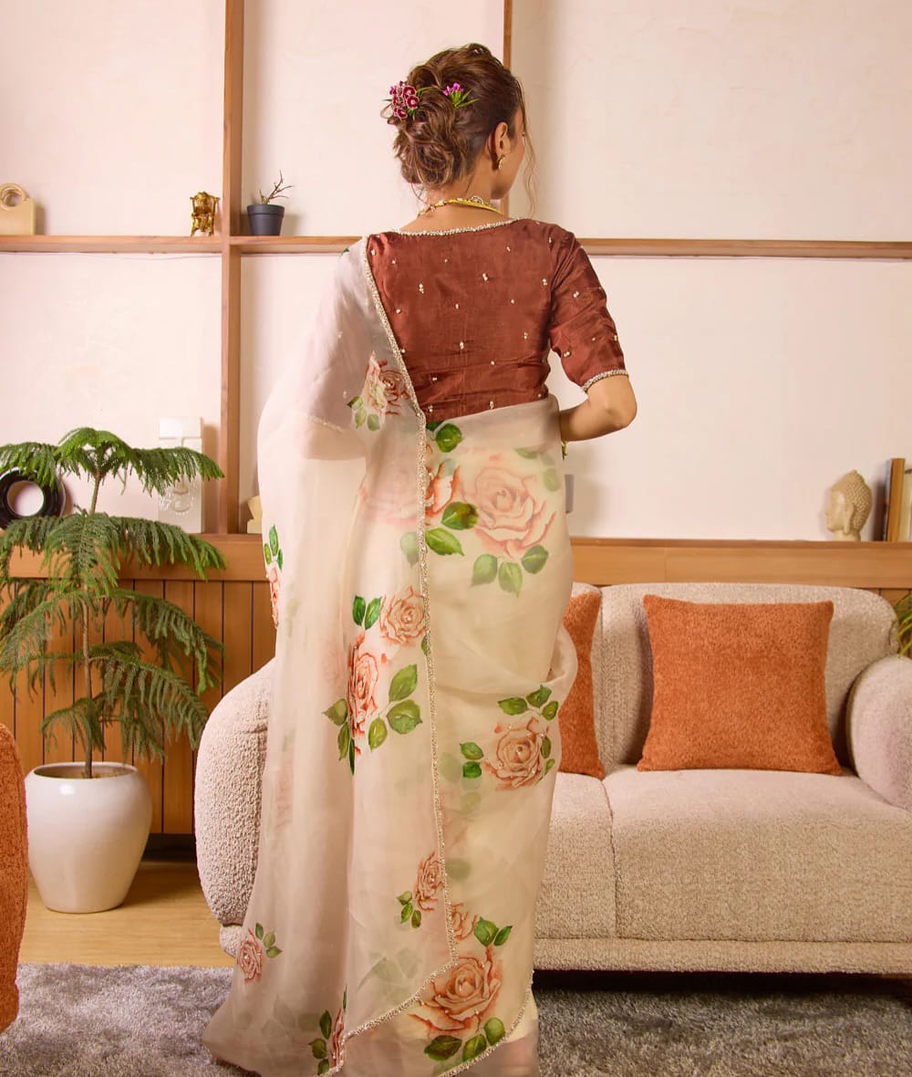 Premium Organza Floral Silk Pearl Work Saree